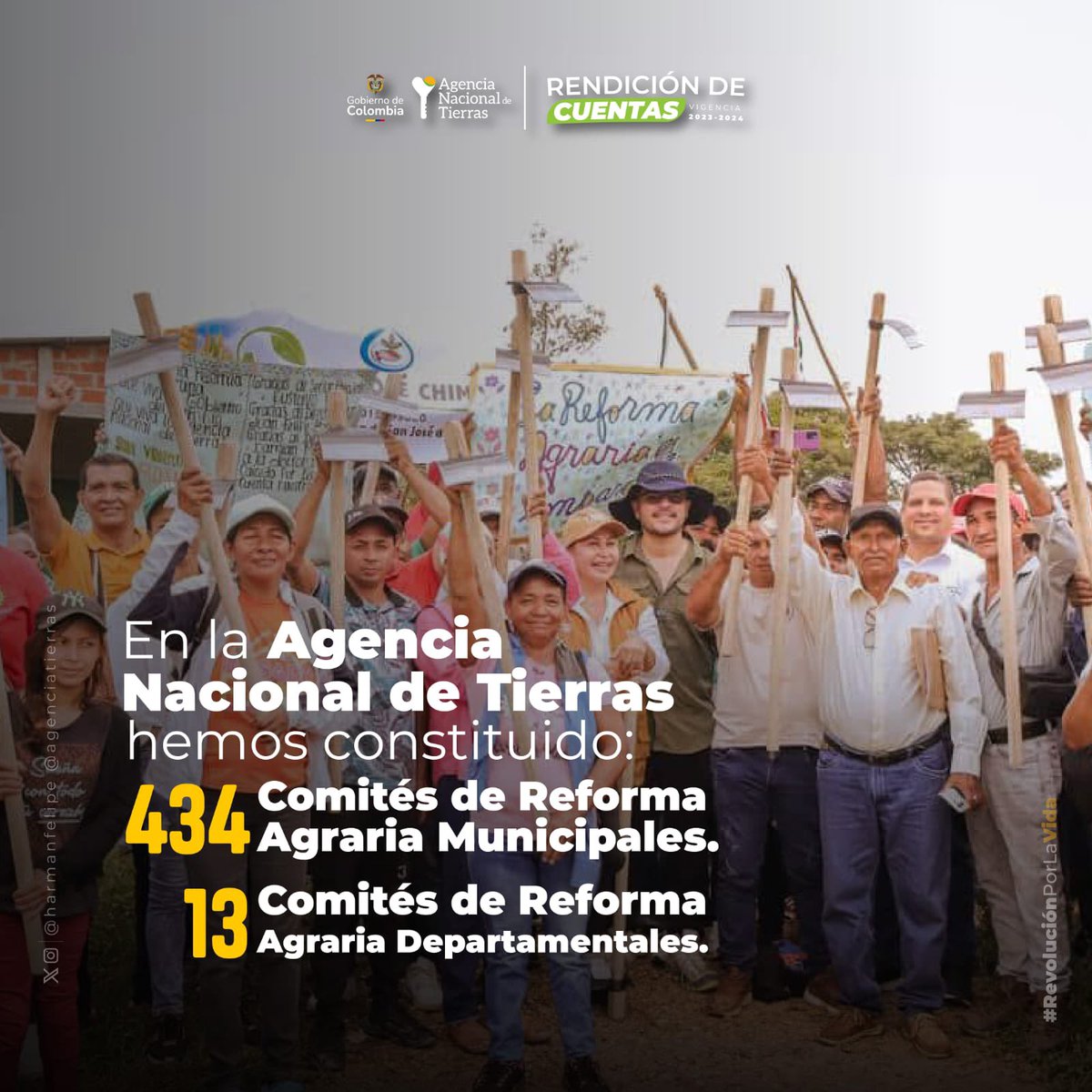 Este 2024 desde la Agencia Nacional de Tierras, impulsamos la transformación del campo colombiano. Hemos constituido 434 Comités de Reforma Agraria municipales y 13 departamentales, que son el pilar de la Reforma Agraria del Gobierno del Cambio.

#NuevaEraANT