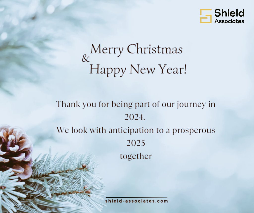 🎄✨ Merry Christmas from all of us at Shield Associates! We’re grateful for your trust this year. As we celebrate the season, we look forward to an even brighter New Year together, filled with opportunities, and success in 2025! 🎉 #MerryChristmas #HappyNewYear #ShieldAssociates