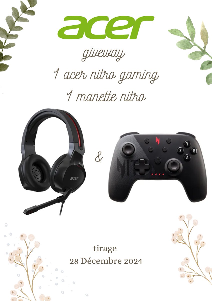 Wati 💎 (@wati_v1) on Twitter photo 🎧🎮CONCOURS🎧🎮
C'est la fin d'année avec Acer, on vous fait, gagnez 1 Acer nitro gaming headset avec une manette nitro !
Pour participer, il suffit de :
- #RT ce tweet
- Follow <a href="/AcerFrance/">Acer France 🇫🇷</a> & Moi même ! 🎧🎮CONCOURS🎧🎮
C'est la fin d'année avec Acer, on vous fait, gagnez 1 Acer nitro gaming headset avec une manette nitro !
Pour participer, il suffit de :
- #RT ce tweet
- Follow <a href="/AcerFrance/">Acer France 🇫🇷</a> & Moi même !