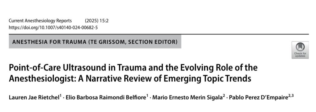 Pablo Perez d’Empaire, MD, FRCPC, FCCM, FASE (@pperezde) on Twitter photo Our latest #POCUS review on its role for trauma anesthesiology is out !
Great work by #SunnybrookAnesthesia <a href="/UofTanesthesia/">Department of Anesthesiology & Pain Medicine</a> fellows E Barbosa, M Merin and <a href="/OttAnesthesia/">OttawaAnesthesiology</a> anesthesiology resident L Reitchel
link.springer.com/article/10.100…
#GrabTheProbe #SoundsThatSaveLives Our latest #POCUS review on its role for trauma anesthesiology is out !
Great work by #SunnybrookAnesthesia <a href="/UofTanesthesia/">Department of Anesthesiology & Pain Medicine</a> fellows E Barbosa, M Merin and <a href="/OttAnesthesia/">OttawaAnesthesiology</a> anesthesiology resident L Reitchel
link.springer.com/article/10.100…
#GrabTheProbe #SoundsThatSaveLives