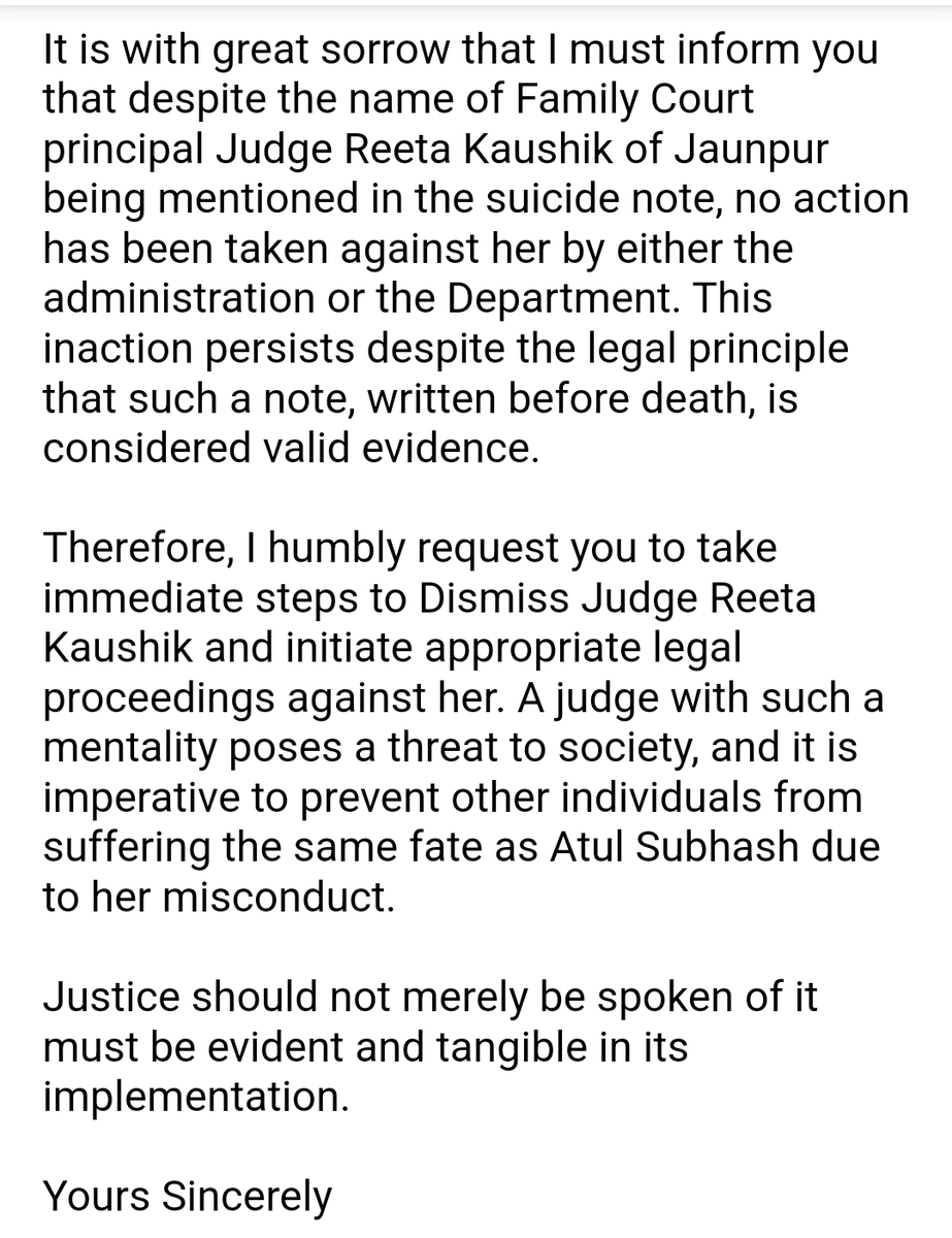 imra_mra's tweet photo. I have sent an email to the Chief Justice of India Supreme Court & The Chief Justice of Allahabad High Court Regarding Judge Reeta Kaushik.

You all are also requested to send such Emails.

#AtulSubhash
#JusticeIsDue