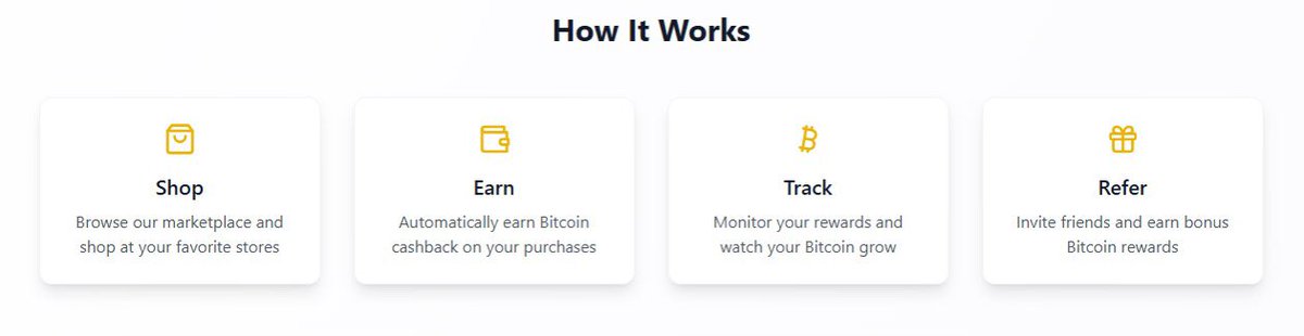 How it works 🛠️ 

- 🔎 : browse our marketplace &amp; shop at your favourite store
- 💳 : automatically earn bitcoin cashback on your purchases
- ✅ : Track your rewards 
- 🧑‍🤝‍🧑 : invite your friends and earn more

Are you ready to earn bitcoin rewards when you shop online?