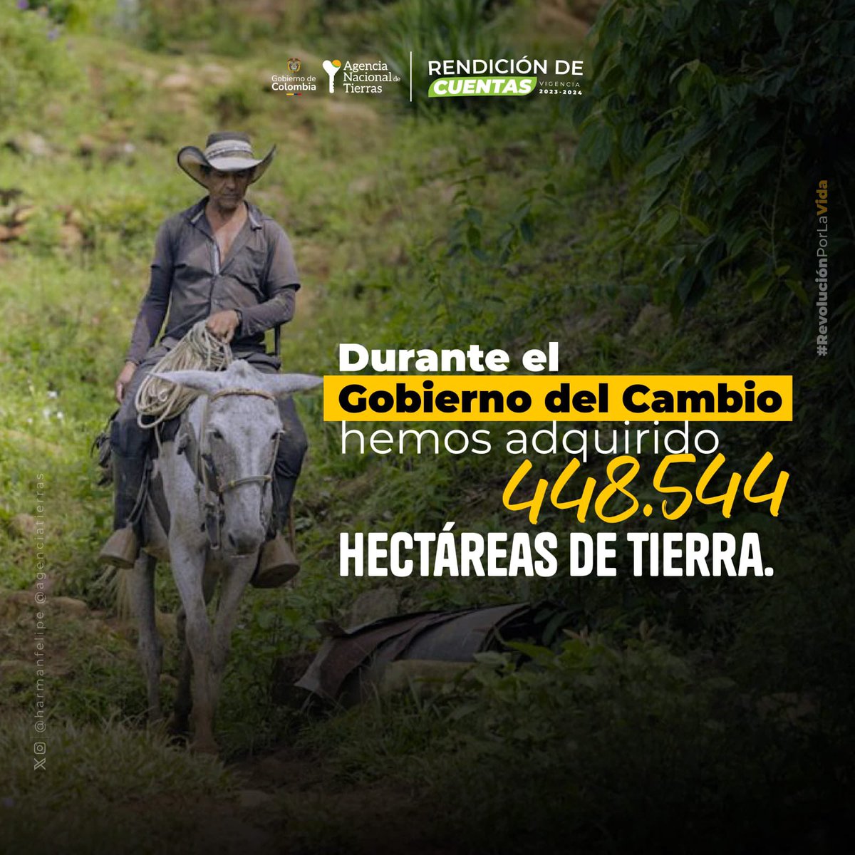 En la #NuevaEraANT adquirimos 448.544 hectáreas de tierra productiva para mujeres, campesinos y firmantes de paz. Un avance crucial para seguir consolidando la Reforma Agraria del Presidente <a href="/petrogustavo/">Gustavo Petro</a> y garantizar un futuro que fortalece los derechos de los campesinos.