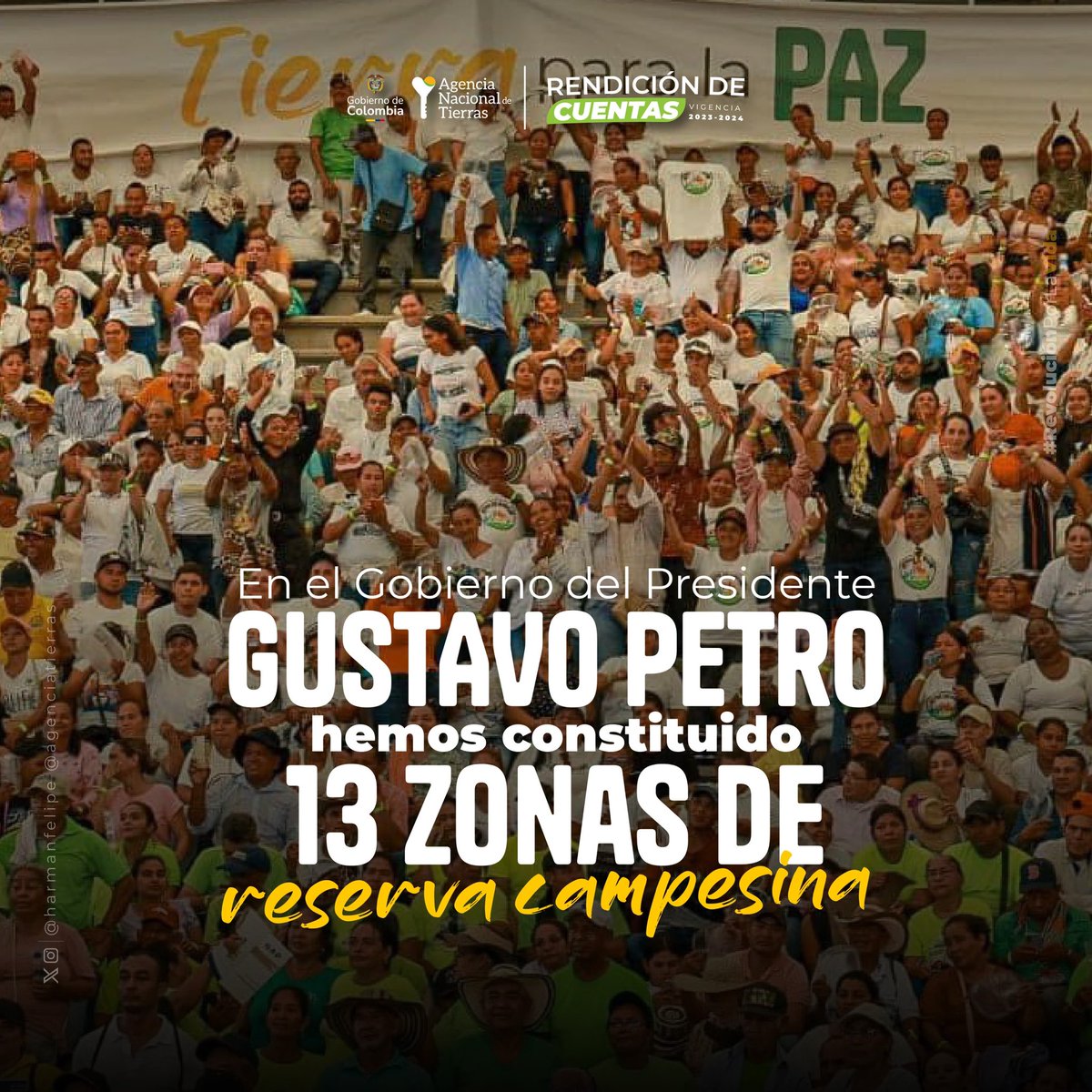 Dimos un avance histórico en la #NuevaEraANT para la protección y dignificación de los campesinos, con la constitución de 13 nuevas Zonas de Reserva Campesina. Son fundamentales para garantizar el acceso a la tierra, la seguridad alimentaria y la conservación de los territorios.