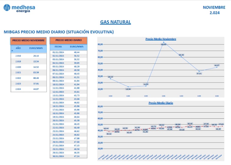 El precio medio de MIBGAS en el mes de Noviembre de 2024  ha sido de 44,07€/MWh.                            

Fuente: (mibgas.es).                          

#Gas #PrecioGas #Gas