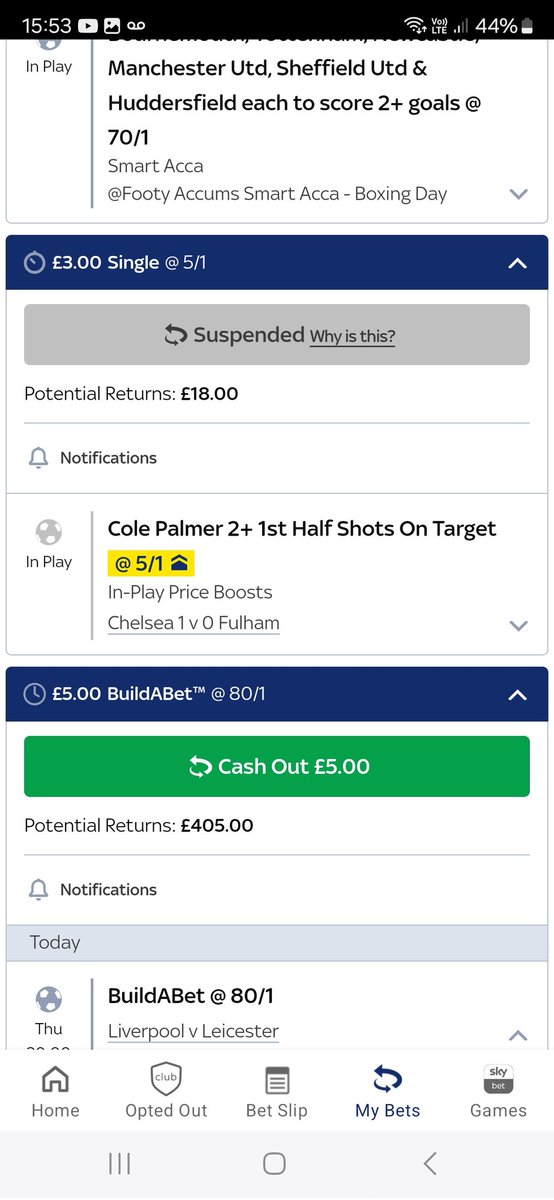 dcoote27's tweet photo. @joshooreilly @AndyRobsonTips The offered 5/1 on that after palmer had already scored. 2 mins after bet placed, 2nd shot and then 3rd shot on target. Been 'suspended' ever since. And all games disappeared off the app. Bandits. The lot of em https://t.co/7pw7Fkf0uY