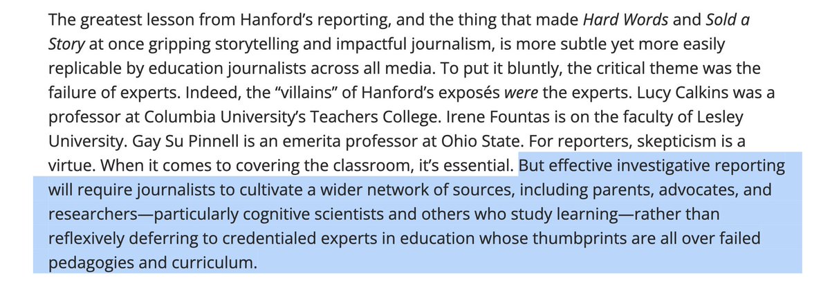 "effective investigative reporting will require journalists to cultivate a wider network of sources, including parents, advocates, and researchers—particularly cognitive scientists and others who study learning—rather than reflexively deferring to credentialed experts in