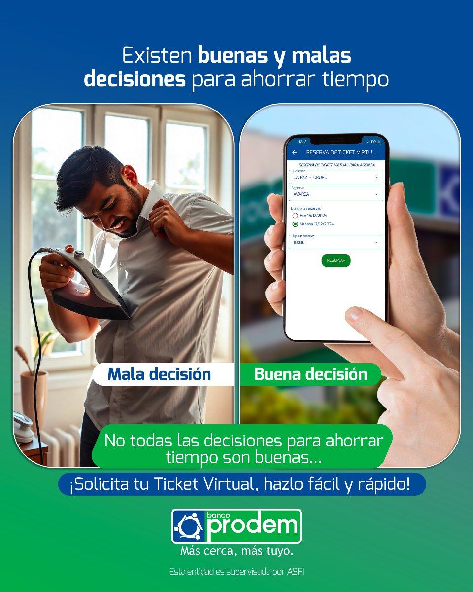 ¿Planchar tu ropa puesta para ahorrar tiempo? 😱 ¡Eso es una mala decisión!
Mejor, ahorra tiempo con inteligencia.
Solicita tu #TicketVirtual en #BancoProdem y evita filas innecesarias. 📱💡 #AhorraTiempo