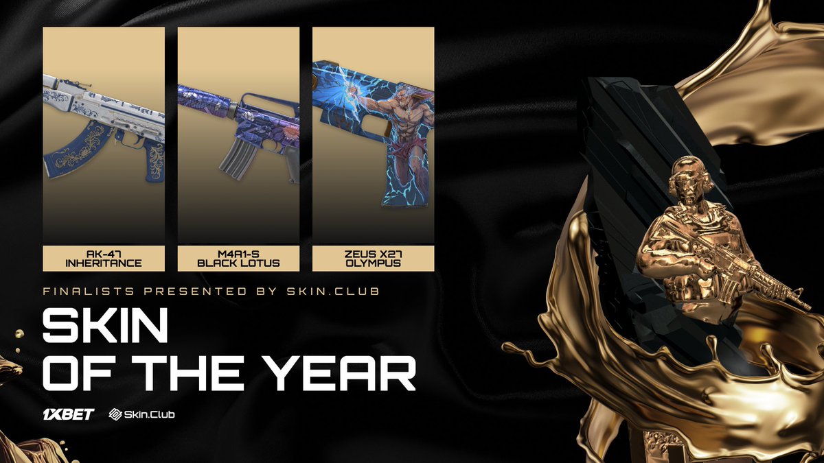 HLTVawards's tweet image. Voted by the community, here are the finalists for 2024 Skin of the Year award by @skinclubmedia ✨

AK-47 | Inheritance (by Endrit)
M4A1-S | Black Lotus (by moonfighter)
Zeus x27 | Olympus (by apel8)
