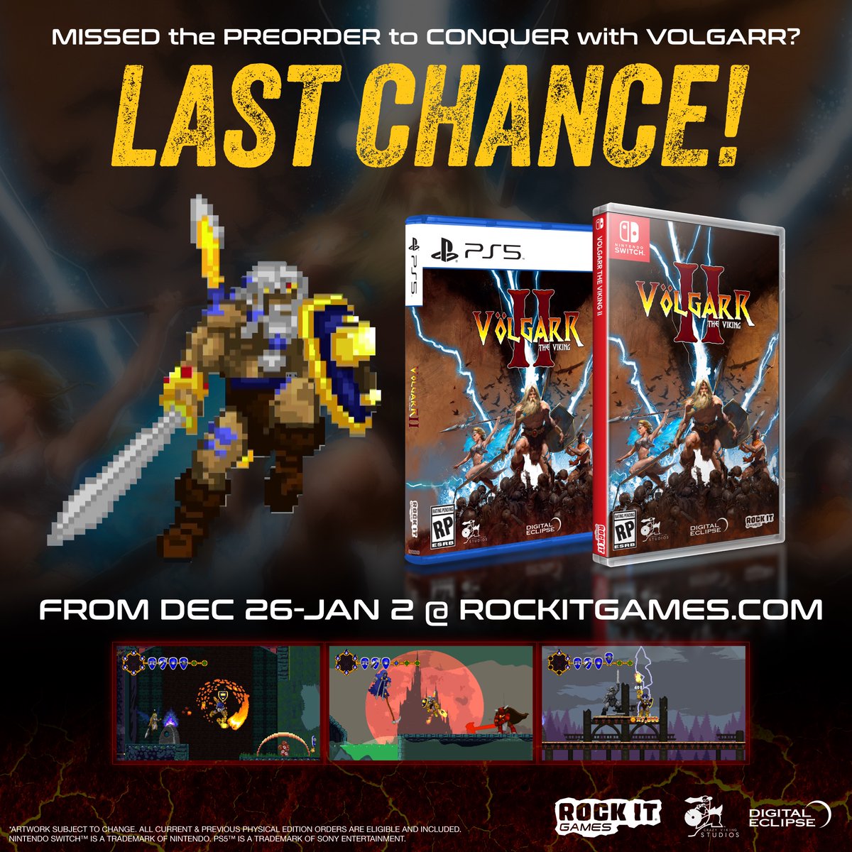 DigitalEclipse's tweet photo. It’s a holiday miracle! ❄️ #Volgarr the Viking II physical edition is BACK! 🎮 Grab yours by Jan 2nd & get:
🗺️ Map
💿 Soundtrack
📜 Manual
Plus, a chance to win a signed poster by @Volgarr creator Kris Dürrschmidt! Only at https://t.co/wWUi4ZyrP1 https://t.co/8IPZrurcr9