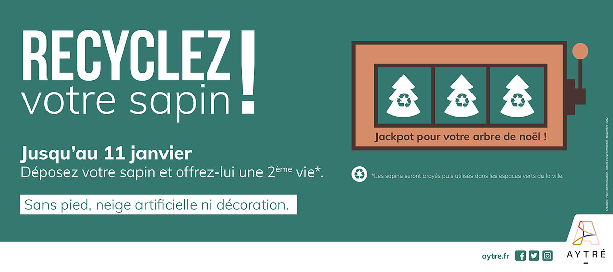 Jusqu’au 11 janvier 2025, la Ville d’Aytré collecte vos sapins 🎄 ! Déposez votre arbre de Noël sans pied, neige artificielle ni décoration place des Charmilles ou rue du 8 mai 1945 (devant la maison G. Brassens). Vos sapins seront broyés ♻️ puis utilisés dans les espaces verts.