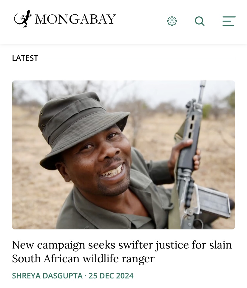 A new <a href="/MongabayOrg/">Mongabay</a>  Article by Shreya Dasgupta just went live. 

New campaign seeks swifter justice for slain South African wildlife ranger

“It is important to solve the case...” Maj. Gen. Gerber of the Hawks said.

Read the full article here: news.mongabay.com/2024/12/new-ca…

#rangers