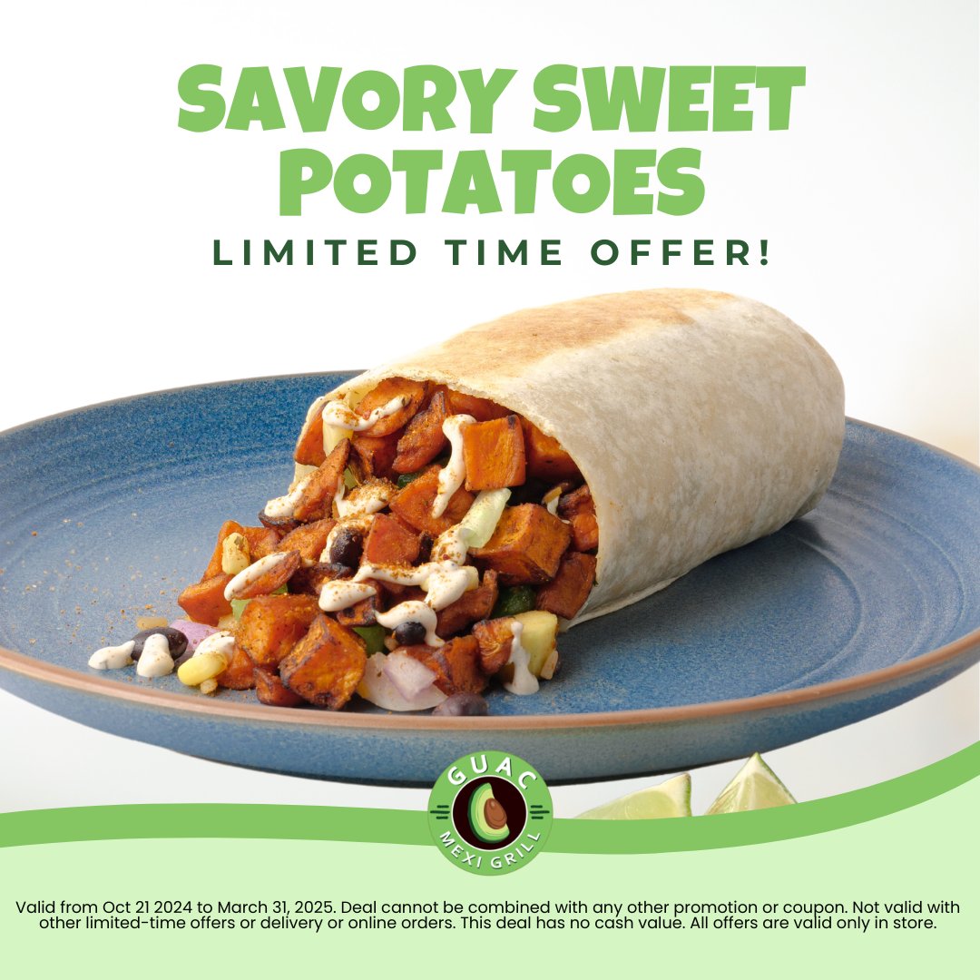 🔥 Our new Savoury Sweet Potatoes have just dropped at Guac Mexi Grill - but are only here for a limited time only!

Available now only until March 31, 2025. Don’t miss out! ⏳

🥑 Find your nearest Guac Location: guacmexigrill.ca/locations/ 
🌮 Order Online: guacmexigrill.ca/guacmenu/