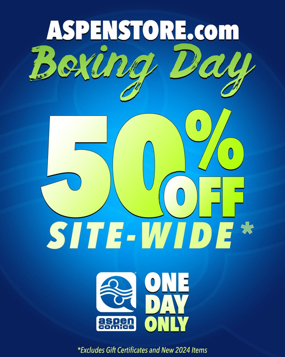 AspenComics's tweet image. Happy Boxing Day!
The Aspen Holidays continue with our annual Boxing Day Event!
Going on NOW, head over to AspenStore.Com to take advantage of our biggest discount of the year!
#aspenstore #aspencomics #boxingday #boxingdaysale #BoxingDaySpecial