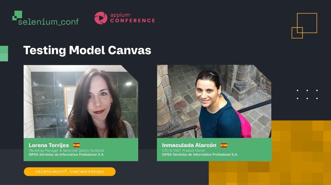 Join Inmaculada Alarcón &amp; Lorena Torrijos at the Testing Model Canvas Workshop during #SeleniumConf! Learn QA strategies used in projects for BMW &amp; the Spanish Ministry of Foreign Affairs. Reserve your spot now: lnkd.in/g6UJWkzS #TestingModelCanvas #SoftwareTesting