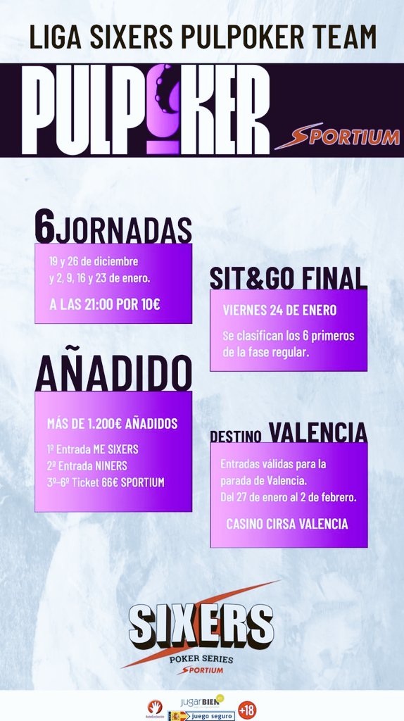 PulPoker (@pulpokerteam) on Twitter photo Está noche a las 21h en <a href="/sportium/">Sportium</a> tenemos la 2° Jornada de la Liga PULPOKER con <a href="/SixersPoker/">SIXERS - ¡TANGER del 13 al 18 de Mayo!</a> !!
Animaros todos... Por 10€ hay opciones de meterse en el sit&go final el 24 de Enero con muchos premios añadidos y entradas para la 1era etapa en <a href="/casinovalencia/">CasinoCirsaValencia</a>
🐙🐙🎄🎄 Está noche a las 21h en <a href="/sportium/">Sportium</a> tenemos la 2° Jornada de la Liga PULPOKER con <a href="/SixersPoker/">SIXERS - ¡TANGER del 13 al 18 de Mayo!</a> !!
Animaros todos... Por 10€ hay opciones de meterse en el sit&go final el 24 de Enero con muchos premios añadidos y entradas para la 1era etapa en <a href="/casinovalencia/">CasinoCirsaValencia</a>
🐙🐙🎄🎄