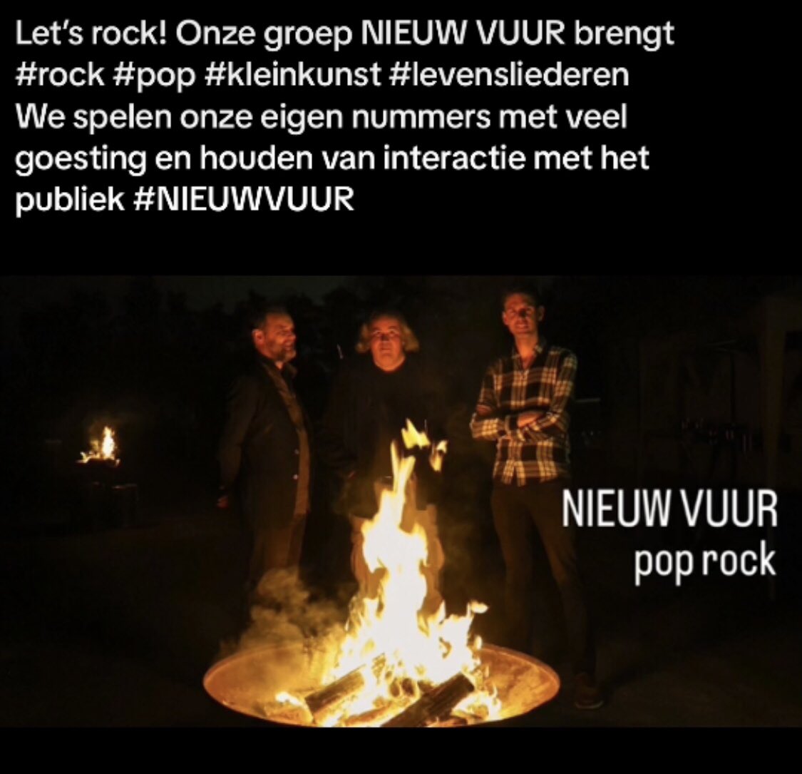 M’n groep NIEUW VUUR  is nog te boeken tot eind maart 2025.
Wij zijn een soort van punkachtige hippies. Vanaf april 2025 pauzeren we omwille van hele mooie persoonlijke redenen. We zijn niet de grootste muzikale talenten, maar we laten wel een indruk na.  Meer op @VIBEvoormuziek