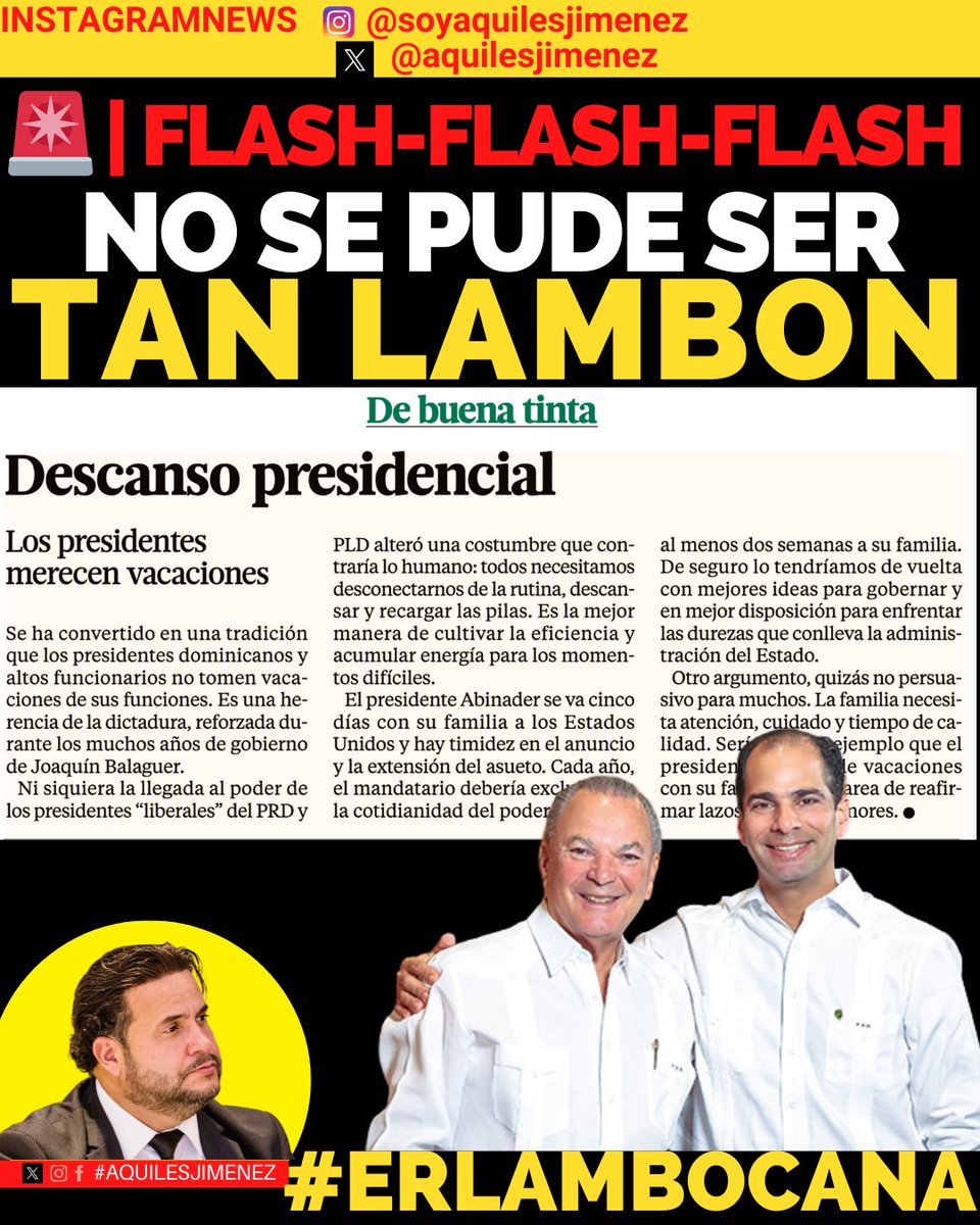 Aquiles Jimenez Fernandez (@aquilesdenuncia) on Twitter photo Yo no me explico como una persona puede ser tan lambona y aduladora por intereses puramente mercantiles .
Que pena que <a href="/DiarioLibre/">Diario Libre</a> cayó en manos de esta familia de trepadores y cuernos .
Ps: Tranquilos que <a href="/realDonaldTrump/">Donald J. Trump</a> está llegado y ese aeropuerto de bávaro va . Yo no me explico como una persona puede ser tan lambona y aduladora por intereses puramente mercantiles .
Que pena que <a href="/DiarioLibre/">Diario Libre</a> cayó en manos de esta familia de trepadores y cuernos .
Ps: Tranquilos que <a href="/realDonaldTrump/">Donald J. Trump</a> está llegado y ese aeropuerto de bávaro va .