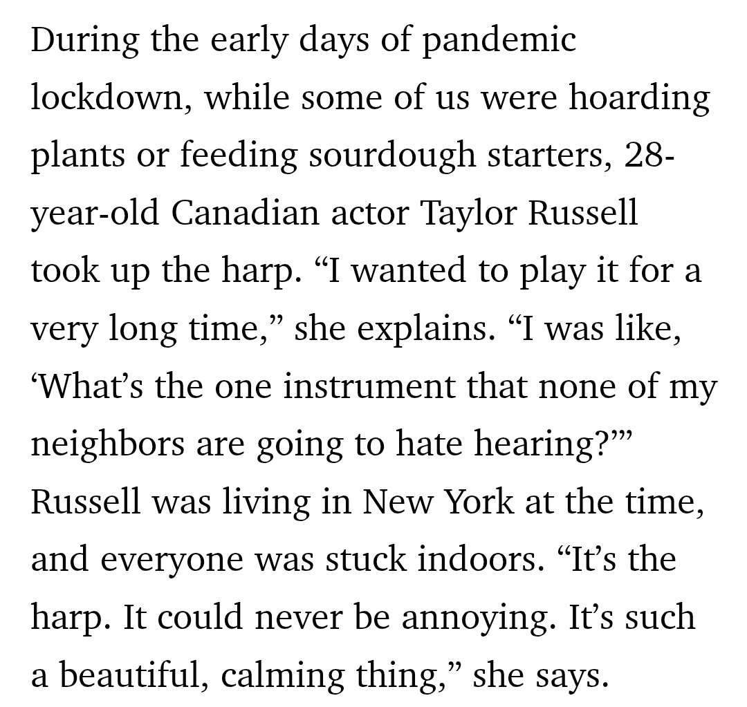 Taylor for BAZAAR (2023) on playing the harp during quarantine:

» It’s the harp. It could never be annoying. It’s such a beautiful, calming thing. «

The first song she learned to play was "Creep" by Radiohead.