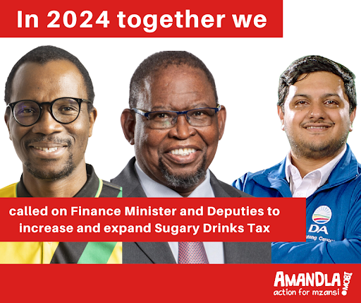 AmandlaMobi's tweet photo. In 2024, together, we continued to call on Minister Godonongwana and his Deputies to increase and expand the sugary drinks tax. With the moratorium set to be lifted in the coming year, we will continue to increase the pressure.

Add your name to the petition here: https://t.co/Kk3tXSA323

#TogetherForJustice ✊🏾