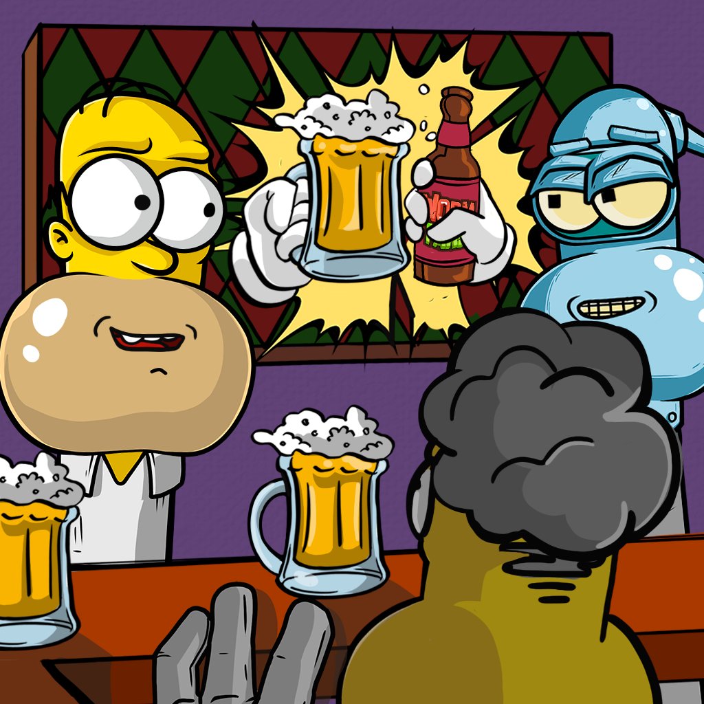 wormfare's tweet image. Just another night at the bar — W'OH and his friend are in their usual spots.  The bartender is trying to make a point, but they’re too busy with drinks and conversations to notice. 

#wormup #wormfare #slap