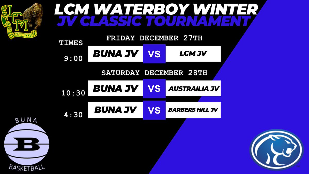 Buna Cougars Basketball (@cougarsbuna) on Twitter photo Cougar Nation, what are you doing the next few days? Yes that is right, attending the <a href="/lcmbasketball/">LCM Basketball</a> Waterboy Winter Classic to cheer on your Buna Cougars. Come watch the JV and Varsity compete. <a href="/STBA_TX/">STBA-TX.com</a> <a href="/Buna_ISD/">Buna ISD</a> <a href="/Tabchoops/">ππΌπ½πΎππ</a> <a href="/TXHSBB/">Texas High School Basketball</a> Cougar Nation, what are you doing the next few days? Yes that is right, attending the <a href="/lcmbasketball/">LCM Basketball</a> Waterboy Winter Classic to cheer on your Buna Cougars. Come watch the JV and Varsity compete. <a href="/STBA_TX/">STBA-TX.com</a> <a href="/Buna_ISD/">Buna ISD</a> <a href="/Tabchoops/">ππΌπ½πΎππ</a> <a href="/TXHSBB/">Texas High School Basketball</a>