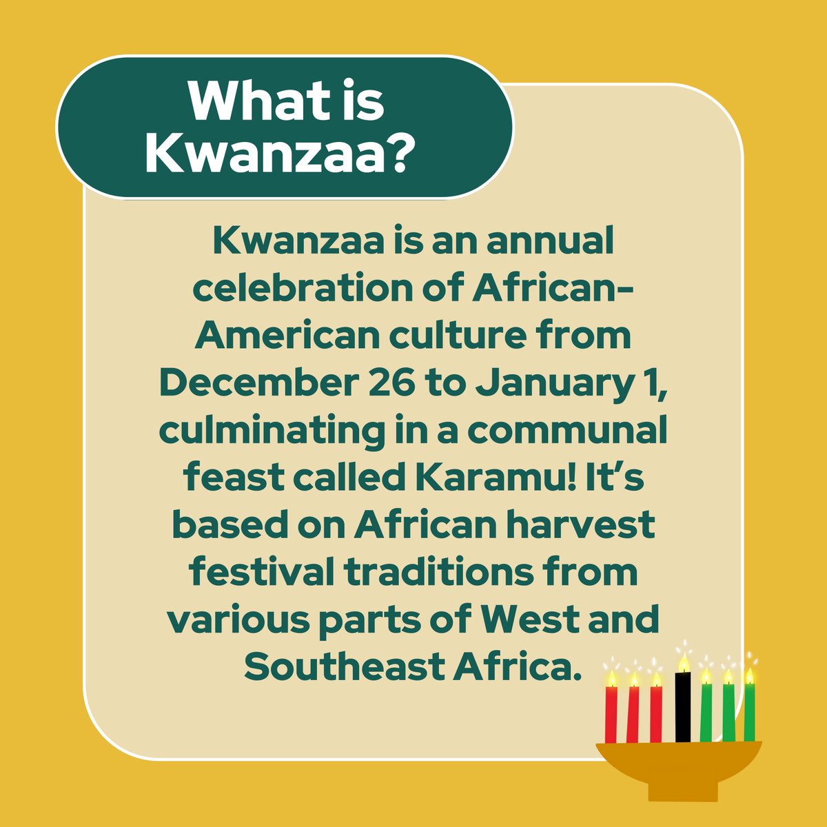 As we light the kinara and celebrate the seven principles of Kwanzaa, let’s honor African heritage and reaffirm our commitment to community and culture. 

#HappyKwanzaa #CelebrateHeritage