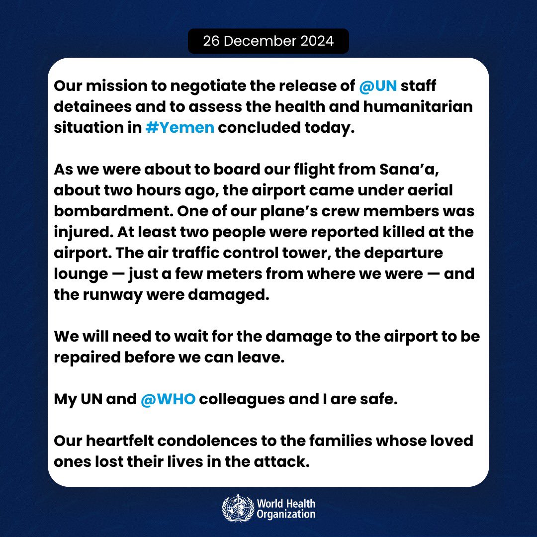 Tedros Adhanom Ghebreyesus (@drtedros) on Twitter photo Our mission to negotiate the release of <a href="/UN/">United Nations</a> staff detainees and to assess the health and humanitarian situation in #Yemen concluded today. We continue to call for the detainees' immediate release.
As we were about to board our flight from Sanaβa, about two hours ago, the airport Our mission to negotiate the release of <a href="/UN/">United Nations</a> staff detainees and to assess the health and humanitarian situation in #Yemen concluded today. We continue to call for the detainees' immediate release.
As we were about to board our flight from Sanaβa, about two hours ago, the airport