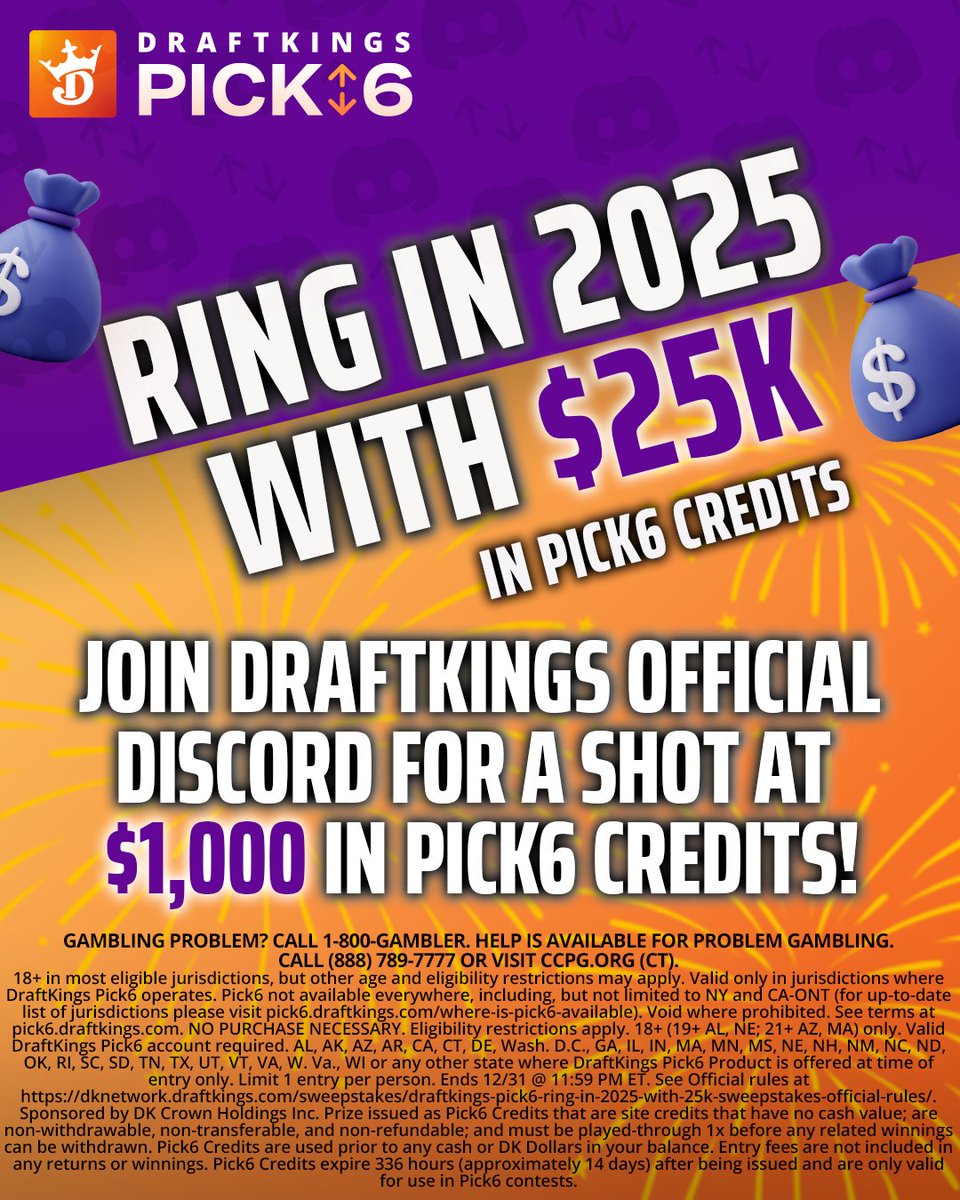 🚨 $25K DISCORD GIVEAWAY 🚨

Head to the DraftKings Discord for your chance at $1,000 in Pick6 credits. 💰

Enter Now: dkng.co/Discord25K