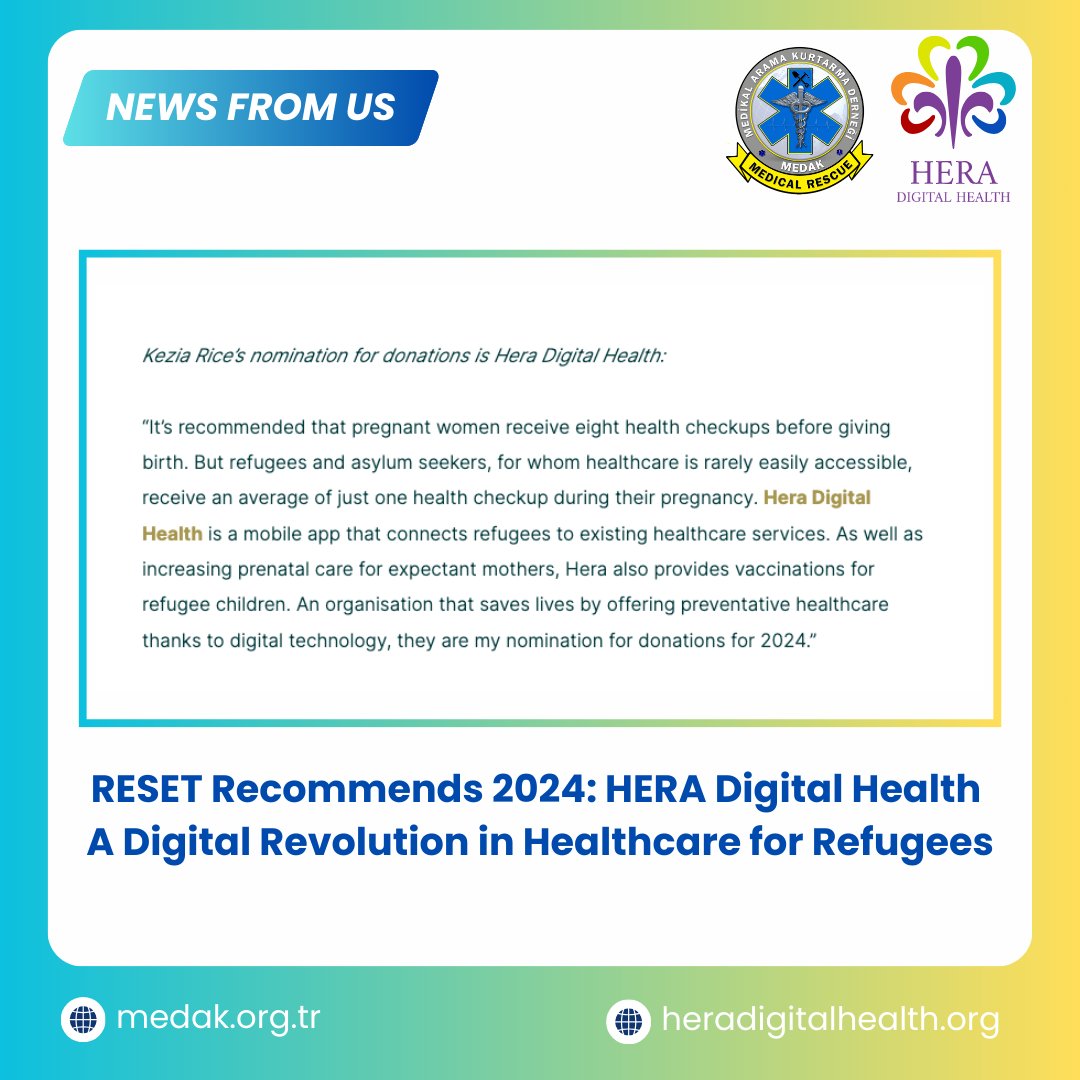 🌍 "RESET Recommends 2024: HERA Digital Health"

HERA uses digital solutions to provide refugees with prenatal care &amp; child vaccinations. Recognized as 1 of 5 impactful non-profits!

👉 Learn more: en.reset.org/reset-recommen…

#TechForGood #HERA #RESETRecommends