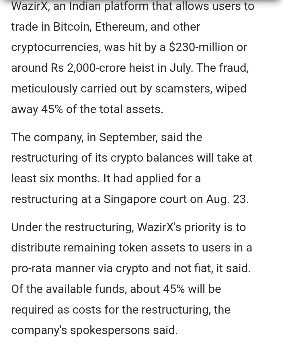 EverythingAjay's tweet photo. "Of the available funds, 45% will be required as costs for restructuring"

45% of 🇮🇳 #WazirX funds gets wiped away in July &amp; now 45% will be required for restructuring  ?🤨

So, remaining left is just 10% !!

10% is what 🇮🇳 #WazirX users will get ?🧐

What is going on ???🙄 https://t.co/2bkKWrAu4o