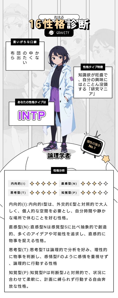 推しとの相性診断もできる #GRAVITY16性格診断❗️❓
私の結果は#INTP❗️
ゾクッとするほど当たるから、みんなも試してみて💫
 api.gravity.place/gravity/url/bE…