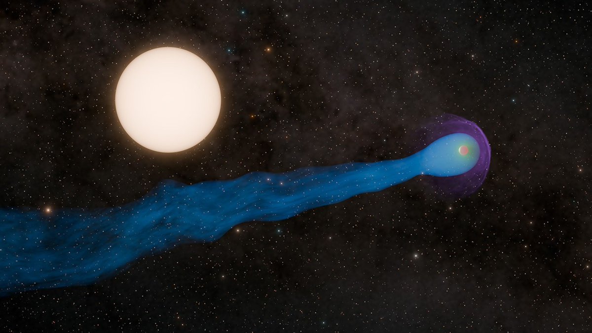 SimplyAstronomy's tweet photo. Astronomers have observed a remarkable phenomenon: the gas giant exoplanet WASP-69 b exhibits a 350,000-mile-long tail of escaping atmospheric gas, resembling a comet. This “hot Jupiter” orbits close to its host star, where intense stellar radiation drives a process known as photoevaporation. Lighter gases, such as hydrogen and helium, are energized and stripped from the planet’s atmosphere.

Stellar winds further shape the escaping gas, forming a trailing structure that extends over 7.5 times the planet’s radius. This discovery provides valuable insights into the dynamic interactions between exoplanetary atmospheres and their host stars, offering clues to planetary evolution and atmospheric loss over time.

The findings underscore the complex processes at work in exoplanet systems, highlighting the influence of stellar radiation and winds on planetary development. ☄️ 🔭 
.
.
.
#space #astrofact #astronomy #news #astrophotography #nasa #spacex #astrophysics #telescope #science #hubble