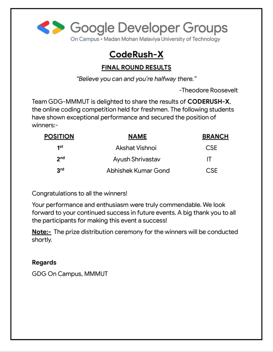 gdgmmmut's tweet photo. "CodeRushX concludes! Congrats to the champions and all participants for showcasing innovation, resilience, and creativity. Let this milestone inspire your coding journey!

#CodeRushX #GDGMMMUT #TeamGDG #InnovateWithCode" https://t.co/oI74QlJtO2