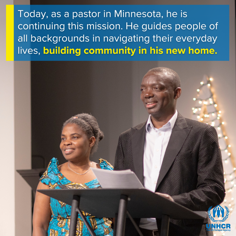 UNHCRUSA's tweet photo. "Everyone needs protection, everyone needs a community, everyone needs opportunities."

After nearly 20 years leading churches in the Kakuma Refugee Camp, Pastor Jean Pierre Gatera continues his faith work in his new home of Minneapolis, Minnesota.
