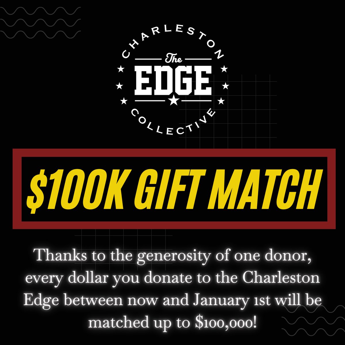 Jack DeLongchamps (@jdelongchamps) on Twitter photo ๐จ $100k Matching Gift Campaign
Coug Nation- Weโre excited to announce the $100K Matching Gift Campaign
Thanks to the generosity of one donor, every dollar donated between now and December 31st will be matched, up to $100,000!
<a href="/CofCBasketball/">Charleston Basketball</a> ๐ค <a href="/CofCSports/">#TheCollege ๐ด</a> ๐จ $100k Matching Gift Campaign
Coug Nation- Weโre excited to announce the $100K Matching Gift Campaign
Thanks to the generosity of one donor, every dollar donated between now and December 31st will be matched, up to $100,000!
<a href="/CofCBasketball/">Charleston Basketball</a> ๐ค <a href="/CofCSports/">#TheCollege ๐ด</a>