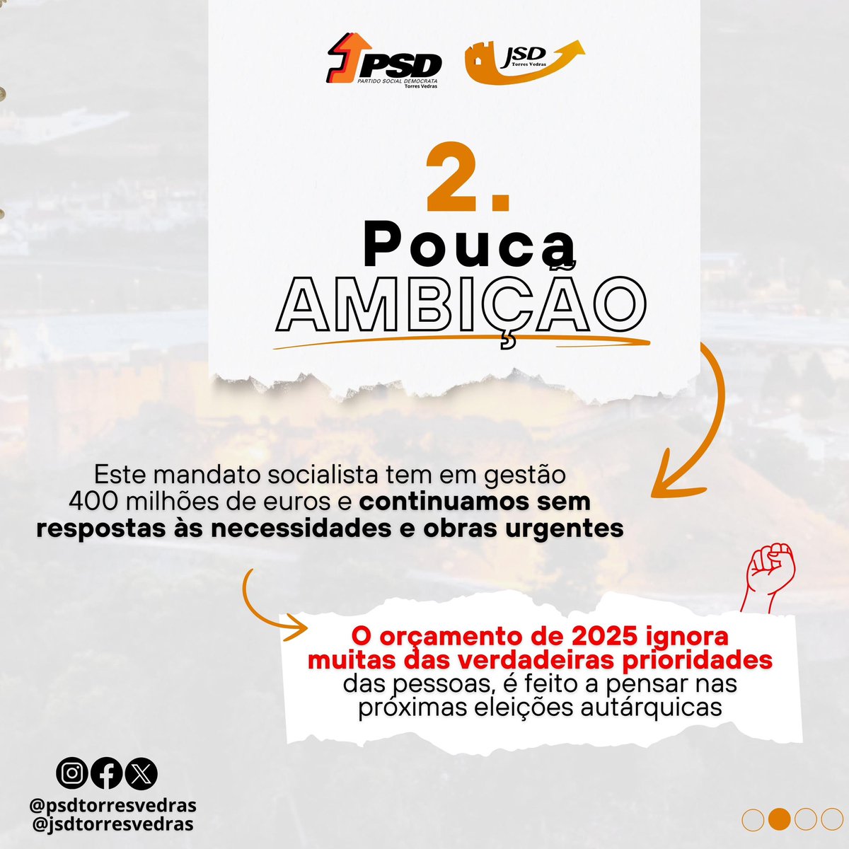 jsdtorresvedras's tweet photo. 𝗩𝗼𝘁𝗮́𝗺𝗼𝘀 𝗖𝗢𝗡𝗧𝗥𝗔 𝗼 𝗢𝗿𝗰̧𝗮𝗺𝗲𝗻𝘁𝗼 𝗽𝗮𝗿𝗮 𝗮 𝗖𝗮̂𝗺𝗮𝗿𝗮 𝗠𝘂𝗻𝗶𝗰𝗶𝗽𝗮𝗹 𝗱𝗲 𝗧𝗼𝗿𝗿𝗲𝘀 𝗩𝗲𝗱𝗿𝗮𝘀 ❌
Porquê?
➡️Excesso de impostos
➡️Pouca ambição
➡️Ineficiência no SMAS
➡️Promessas em Papel
𝗧𝗼𝗿𝗿𝗲𝘀 𝗩𝗲𝗱𝗿𝗮𝘀 𝗽𝗼𝗱𝗲 𝘀𝗲𝗿 𝗺𝗲𝗹𝗵𝗼𝗿! (+) https://t.co/FhvASlaf5S