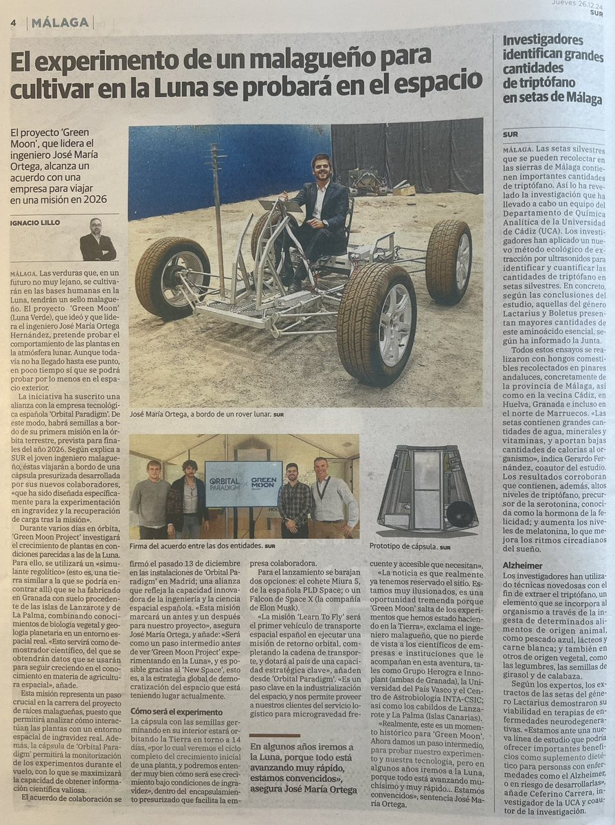 #Málaga ☀️ | 🛰️🌱 <a href="/DiarioSUR/">SUR. El periódico de Málaga</a>, muchas gracias por compartir los avances de #GreenMoonProject y por querer siempre divulgar manteniendo a los malagueños informados sobre nuestro proyecto. Muchas gracias, <a href="/ilillom/">IGNACIO LILLO</a>.

🚀 ¡Volamos al #Espacio en 2026! 

🗞️ diariosur.es/malaga/experim…
