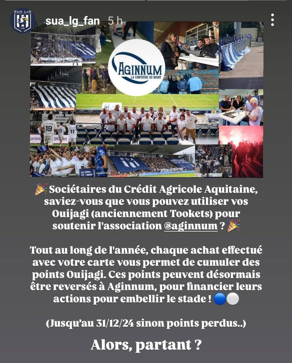 <a href="/aginnum/">Aginnum</a> , l'association des supporters du SUA, compte sur vous si vous êtes  sociétaire du crédit agricole. Votre aide va leur permettre de participer au financement de leurs actions.pour plus de renseignements, vous pouvez les contacter en mp.