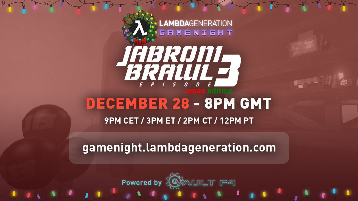 LambdaGeneration (@lambdagen) on Twitter photo JABRONI BRAWL EPISODE 3: XMAS EDITION🎄- GAMENIGHT SATURDAY
We're ending the year with some Holidays themed <a href="/JabroniBrawl/">Jabroni Brawl</a> maps. It's going to be chaotic!
🗓 Sat 28 Dec
🕗 8pm GMT / 9pm CET / 3pm ET / 12pm PT
📍 Join via gamenight.lambdageneration.com
🎙 discord.lambdageneration.com JABRONI BRAWL EPISODE 3: XMAS EDITION🎄- GAMENIGHT SATURDAY
We're ending the year with some Holidays themed <a href="/JabroniBrawl/">Jabroni Brawl</a> maps. It's going to be chaotic!
🗓 Sat 28 Dec
🕗 8pm GMT / 9pm CET / 3pm ET / 12pm PT
📍 Join via gamenight.lambdageneration.com
🎙 discord.lambdageneration.com