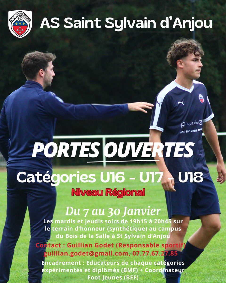 FootStSylvain's tweet photo. L'As St Sylvain d'Anjou organise des portes ouvertes du 7 au 30 janvier pour les U16-U17 et U18 !

Recrutement notamment pour ses équipes région !

Pour cette saison et pour 2025-2026 !

Contact :Guillian GODET Responsable Sportif guillian.godet@gmail.com 📞07.77.67.27.85 https://t.co/3TMzWdeK5e