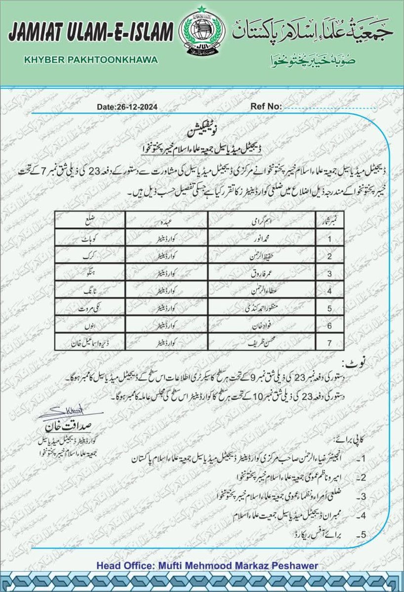 QasmiMati's tweet photo. ڈیجیٹل میڈیا سیل جمعیتہ علماء اسلام خیبرپختونخوا نے مرکزی ڈیجیٹل میڈیا سیل کی مشاورت سے دستور کے دفعہ 23 کی ذیلی شق نمبر 7 کے تحت خیبرپختونخوا کے مندرجہ ذیل اضلاع میں ضلعی کوارڈینیٹرز کا تقرر کیا ہے۔
جس کی تفصیل حسب ذیل ہیں.

#JuiUpdates #JUIDigitalMediaCellKP https://t.co/9koTmiLZAl