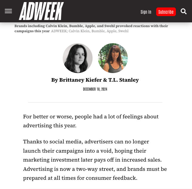 10 advertising campaigns that sparked emotion or outrage in 2024.

adweek.com/creativity/10-…

@BrittaneyKiefer and <a href="/TLStanleyLA/">Terry Stanley</a> in <a href="/Adweek/">ADWEEK</a> 

#ad #ads #advertising