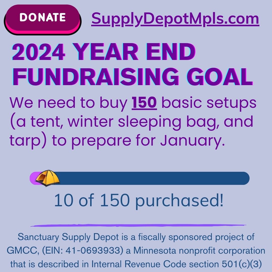 SupplyDepotMPLS's tweet image. The Supply Depot is serving more unhoused residents than ever before. We estimate that we’ll need 150 basic setups in January to serve neighbors across Minneapolis and St Paul.