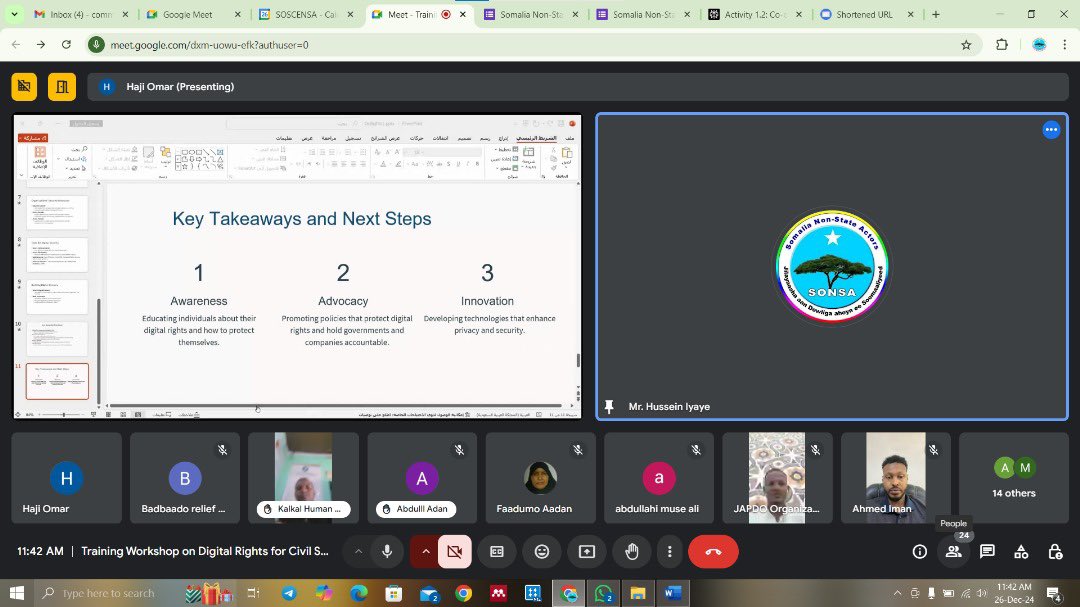 SONSA_NSA's tweet photo. #SONSA has successfully concluded a two-day virtual training focused on #DigitalSecurity, #HumanRights in the #DigitalAge, #InternetRights & #EU Principles.
Participants enhanced their awareness of digital security measures & advocated for #HR in a digital context.
#Somalia https://t.co/pxFHxwLTTX