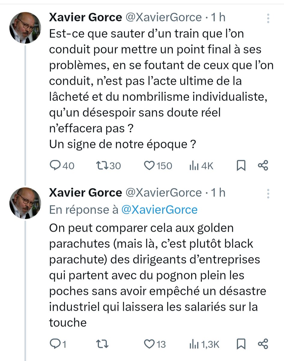 Critiquer la manière dont quelqu'un se suicide, plutôt que d'essayer de comprendre pourquoi il s'est donné la mort de cette manière, c'est le summum du nombrilisme individualiste.
Comparer un suicide avec un parachute doré, c'est le summum de l'ignoble.