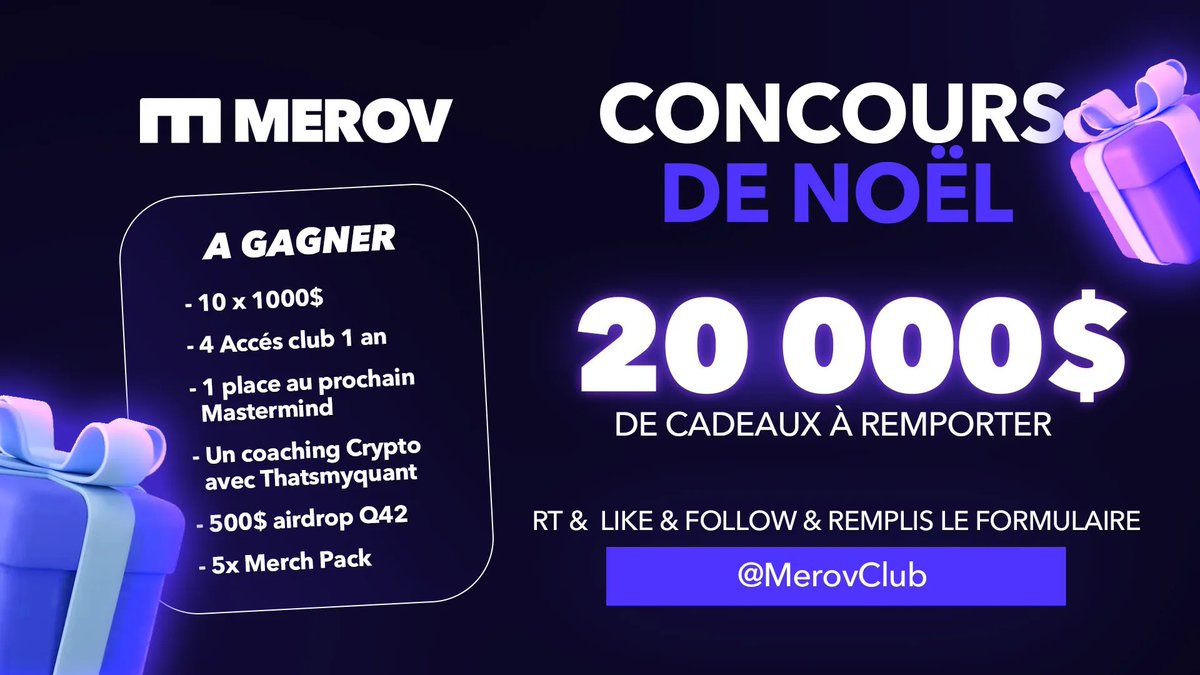Pour célébrer les grands succès du Merov Club cette année !

On organise un concours exceptionnel avec 20.000 $ de cadeaux à gagner !! 🎁

Pour participer :
1️⃣ Follow <a href="/merovclub/">Merov Club ⚔️</a>
2️⃣ RT + Like ce tweet
3️⃣ Tag 2 amis en commentaire
4️⃣ Remplis le formulaire de participation ici :