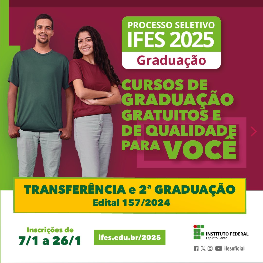 Quer transferir sua graduação para o Ifes ou fazer uma segunda graduação em 2025? Este é o momento!

O edital 157/2024 tem 976 vagas para cursos de graduação presenciais em 19 campi da instituição. As inscrições vão de 7 a 26 de janeiro:

ifes.edu.br/processosselet…