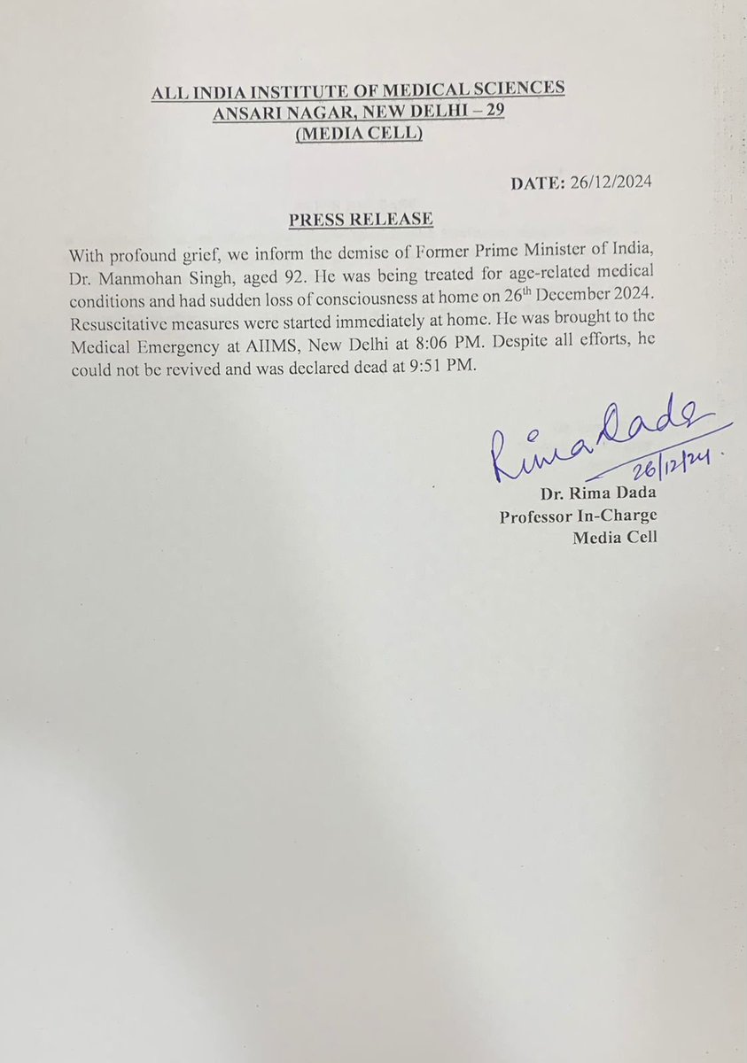 With profound grief, we inform the demise of the former Prime Minister of India, Dr Manmohan Singh, aged 92. He was being treated for age-related medical conditions and had a sudden loss of consciousness at home on 26 December 2024. Resuscitative measures were started immediately