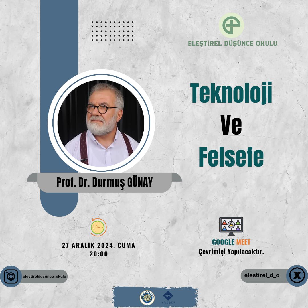 Teknoloji ve Felsefe Üzerine Bir Sohbet

🗓️27 Aralık 2024 Cuma 
🕖 20:00’de 

Eleştirel Düşünce Okulu’nda “Teknoloji ve Felsefe” başlıklı konuşmamı gerçekleştireceğim. Katılımınızla sohbetimizi daha da zenginleştirebilirsiniz.

📍 Google Meet meet.google.com/tsd-cbgr-ckq 
🎯
